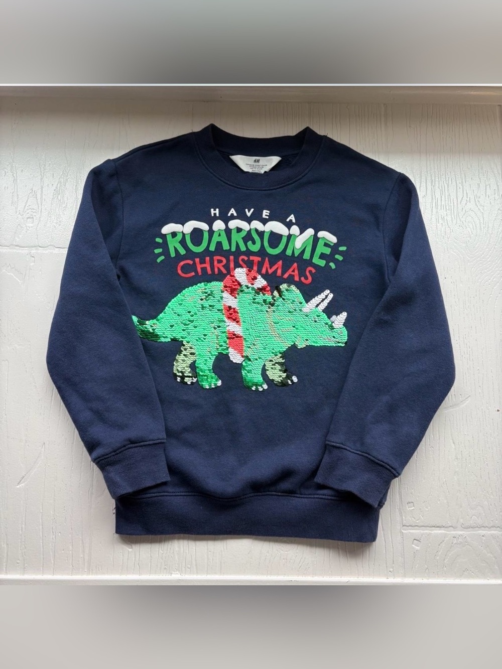 H&M Christmas Flip Sequin Triceratops Dinosaur Sweatshirt, Size 6x/7 Years